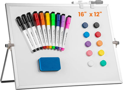 Dry Erase White Board, Aisuoker 16 x 12inch Magnetic Desktop Whiteboard with Stand,10 Markers, 10 Magnets and 1 Eraser, Portable Double-Sided White Board for Kid Drawing Memo to Do and List Wall-White