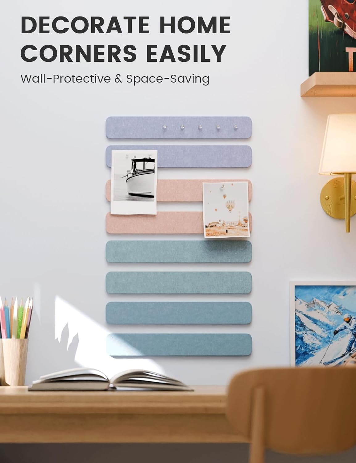 Fluxynara Cork Board Alternative Felt Strip Board 8-Pack 13"x2", Office Pin Board with 50 Push Pins, Adhesive Install for Bedroom Door & Home Office(Linen Dusk)