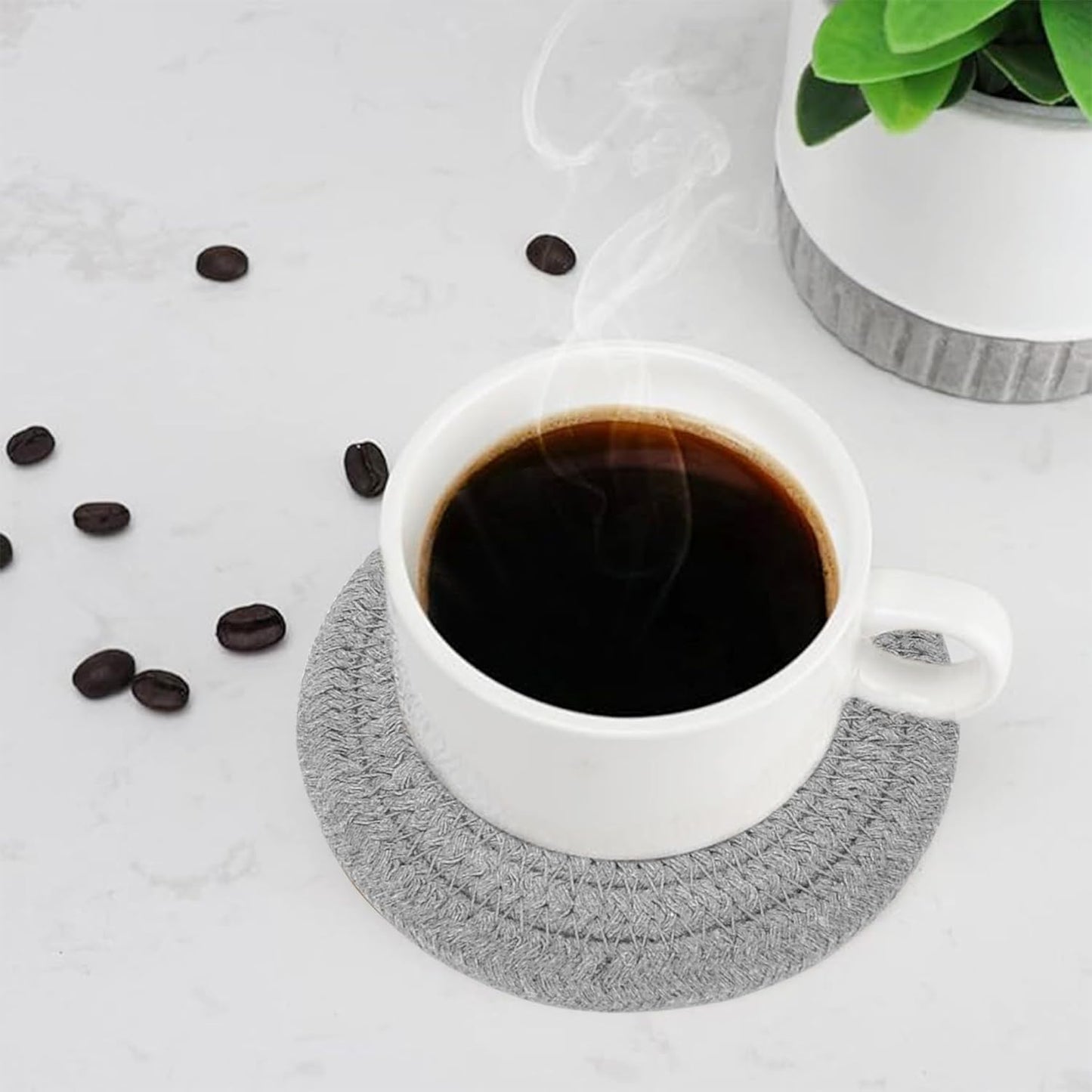 ABenkle 8 Pcs Drink Coasters with Holder, Cotton Woven Absorbent Coasters for Drinks, Minimalist Home Decor Coaster Set for Wooden Tabletop Protection Table, 4.3 inches Mixed Brown