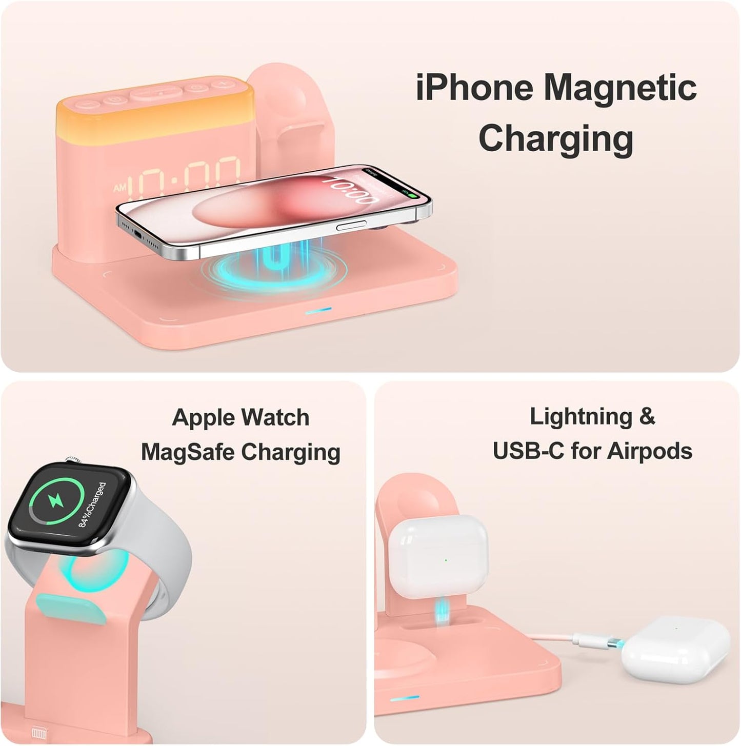 ANJANK Wireless Charging Station,5 in 1 Multiple Charger Stand with Alarm Clock,7 Night Light,Magnetic Charging Dock for iPhone 17 16 15 14 13 12 Pro Max Plus,Apple Watch 11/10/9/8,for Airpods,Bedroom