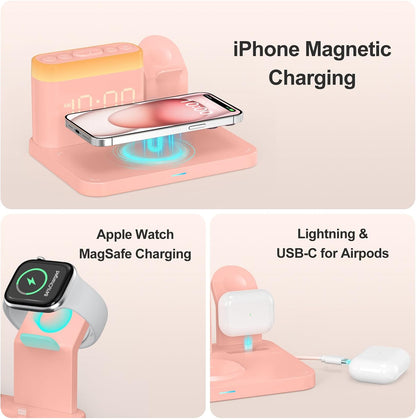 ANJANK Wireless Charging Station,5 in 1 Multiple Charger Stand with Alarm Clock,7 Night Light,Magnetic Charging Dock for iPhone 17 16 15 14 13 12 Pro Max Plus,Apple Watch 11/10/9/8,for Airpods,Bedroom