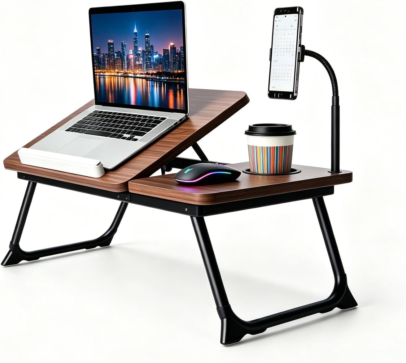 Foldable Lap Desk for Bed and Sofa, Portable Laptop Desk with Gooseneck Phone Stand, Cup Holder & Mouse Pad Extension, Extra Large Bed Desk Tray fits up to 17" Laptops (Walnut)