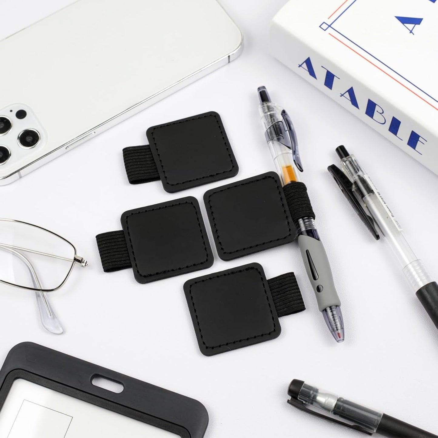 4-Pack Black Elastic Pen Loop Holders – Adhesive PU Leather Sleeves