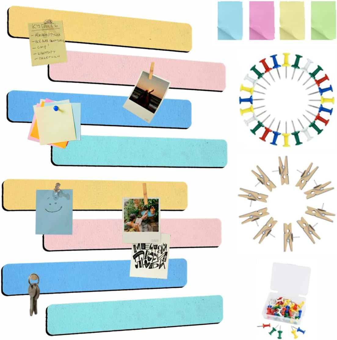 Vuzvuv 8 pcs Bulletin Board Bar Strips with 50 Pushpins & 10 Wooden Clip pins，Self Adhesive Cork Board for Wall，Felt Pin Board for School，Office Decor（Black White Grey）