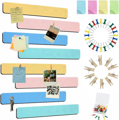 Vuzvuv 8 pcs Bulletin Board Bar Strips with 50 Pushpins & 10 Wooden Clip pins，Self Adhesive Cork Board for Wall，Felt Pin Board for School，Office Decor（Black White Grey）