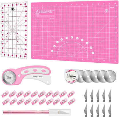 Headley Tools Rotary Cutter Set - 45mm Fabric Cutter, 5 Extra Rotary Blades, A3 Cutting Mat, Quilting Ruler and Sewing Clips, Craft Knife Set, Ideal for Crafting, Sewing, Patchworking, Purple