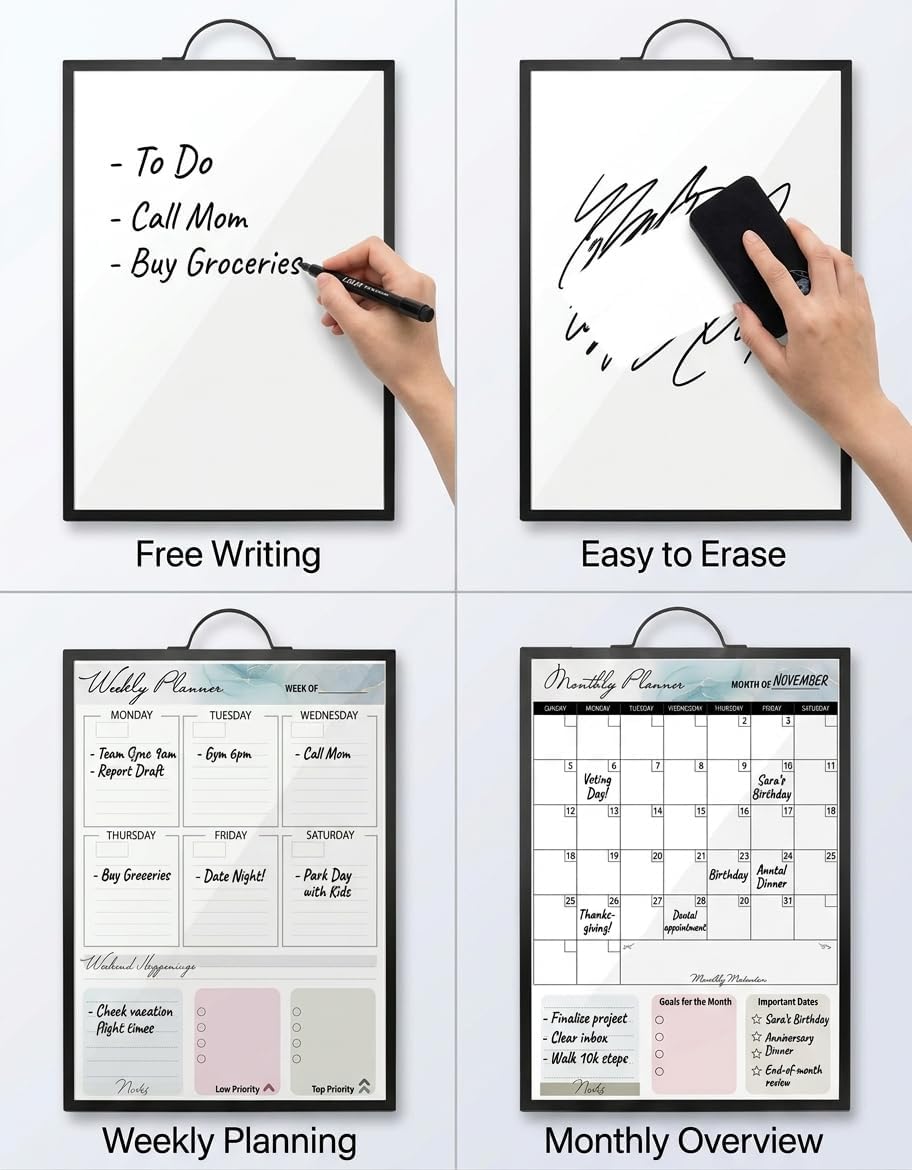 Magnetic Dry Erase Board 12x16 with Foldable Stand, Portable Gold Desktop Whiteboard for Home, Office, School & Kitchen, Includes Weekly & Monthly Magnetic Planner Sheets