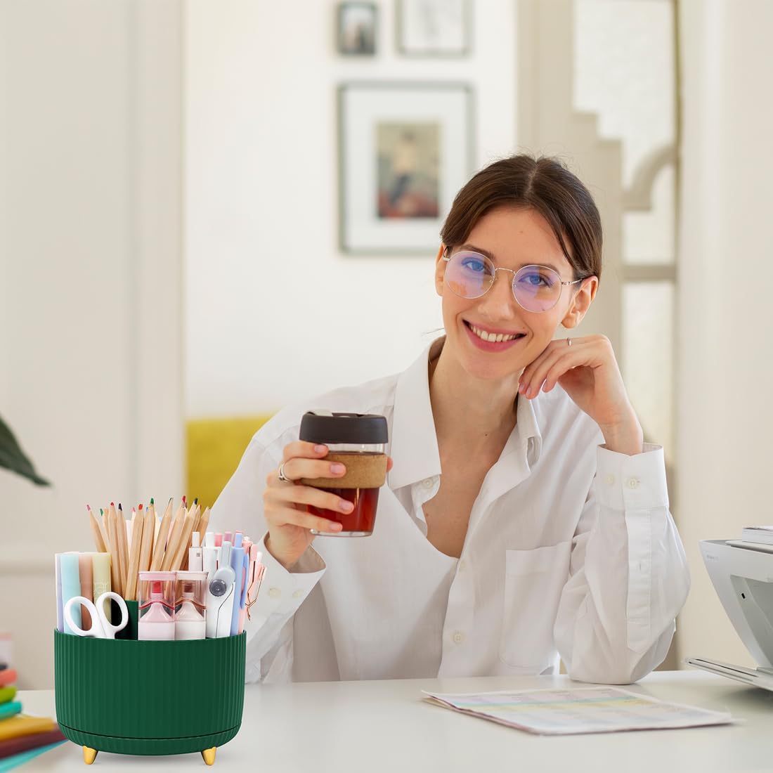 SKYDUE 360 Rotating Plastic Desk Pen Organizer with 5 Slots, Dual-Purpose Art Supply Pencil Cup for Office, School, Home