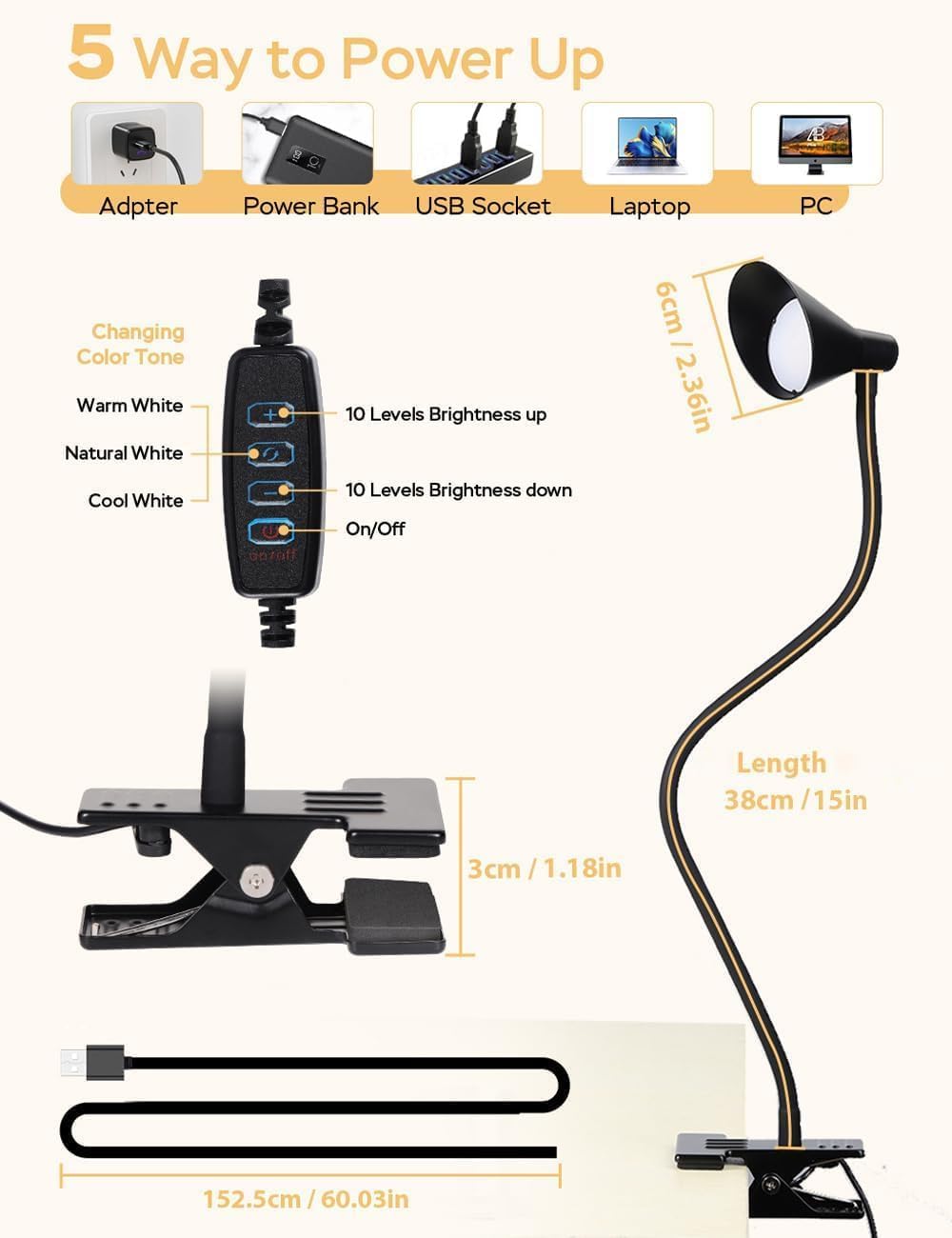 Clip on Light LED Reading Light for Books in Bed, Eye Care Dimmable Reading Lamp 3 Color & 10 Brightness Levels Flexible Clip on Lamp Reading Light for Bed Headboard Bedside Dorm Desk Table - Black