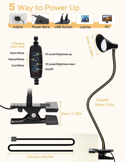 Clip on Light LED Reading Light for Books in Bed, Eye Care Dimmable Reading Lamp 3 Color & 10 Brightness Levels Flexible Clip on Lamp Reading Light for Bed Headboard Bedside Dorm Desk Table - Black