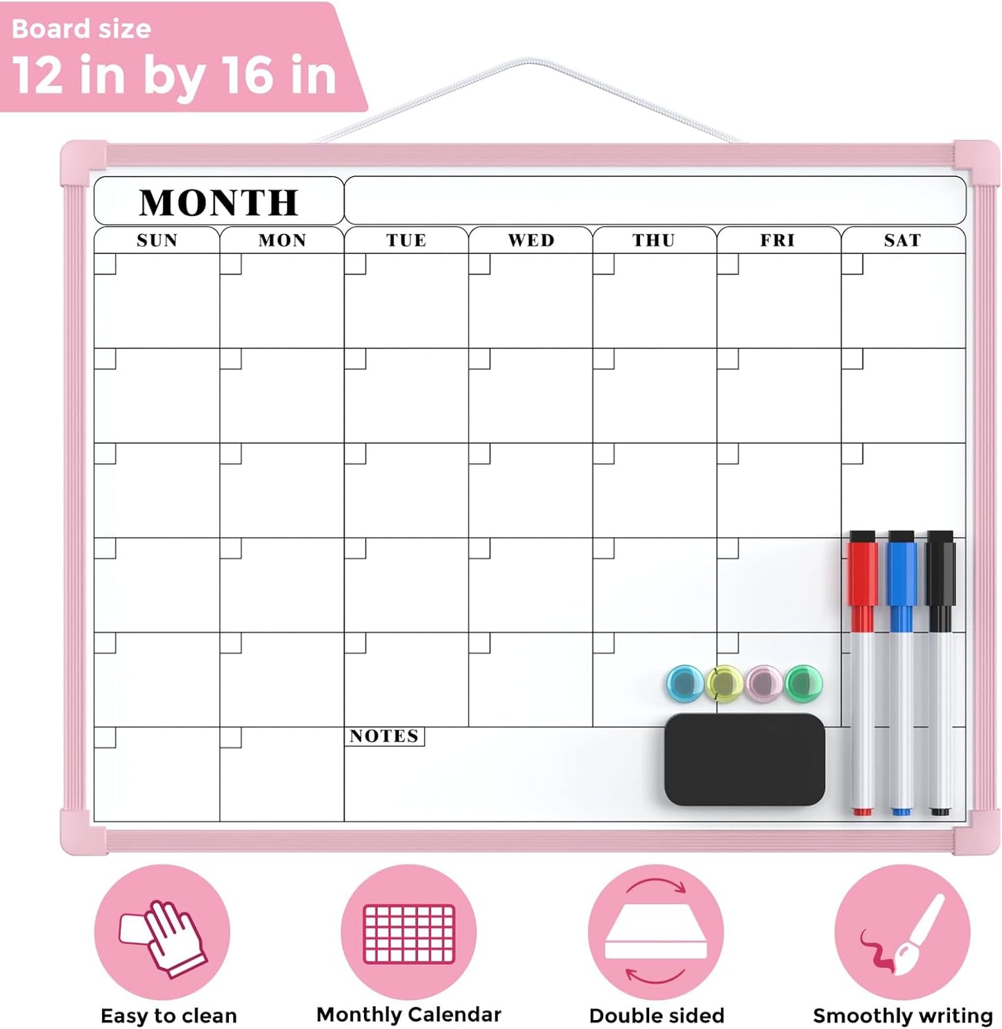 MaxGear Monthly Calendar Dry Erase Board for Wall, 16"x12" Small Hanging Double-Sided White Board, Portable Whiteboard for Planning, Drawing, Memo, to Do List, School, Home, Kitchen, Office