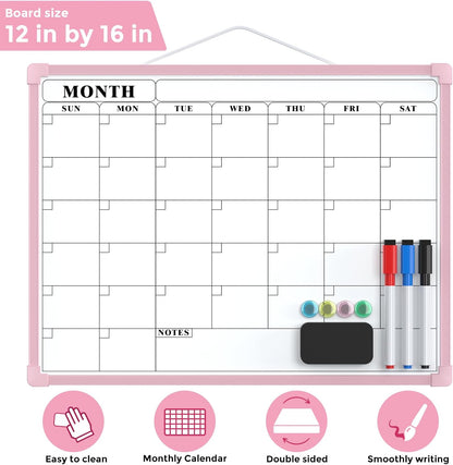 MaxGear Monthly Calendar Dry Erase Board for Wall, 16"x12" Small Hanging Double-Sided White Board, Portable Whiteboard for Planning, Drawing, Memo, to Do List, School, Home, Kitchen, Office