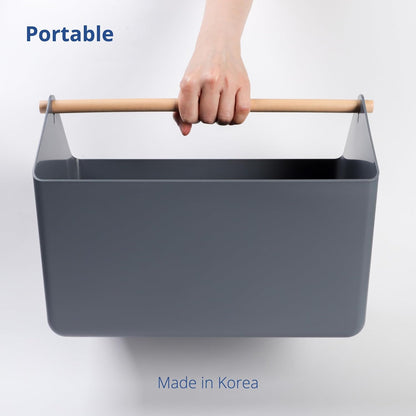 BLUE GINKGO Medium Storage Basket – Plastic Caddy with Wooden Handle for Office, Arts & Crafts, or Home Supplies (Gray)
