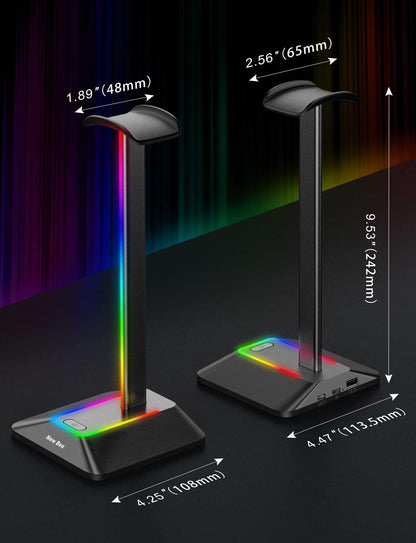 New Bee Headphone Stand with RGB Lighting, Sturdy Aluminum Gaming Headset Holder with USB-C & USB Charging Ports, Stable Desktop Earphone Stand for All Headphones Size, Black
