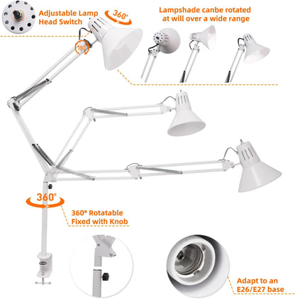Desk Lamp With Clamp for Home Office, Eye-Caring Clip on Light with Adjustable Extra Tall Metal Swing Arm, High Intensity Clamp Lamp w/LED Bulb, Architect Task Table Lamps for Study, Workbench-B/5000k