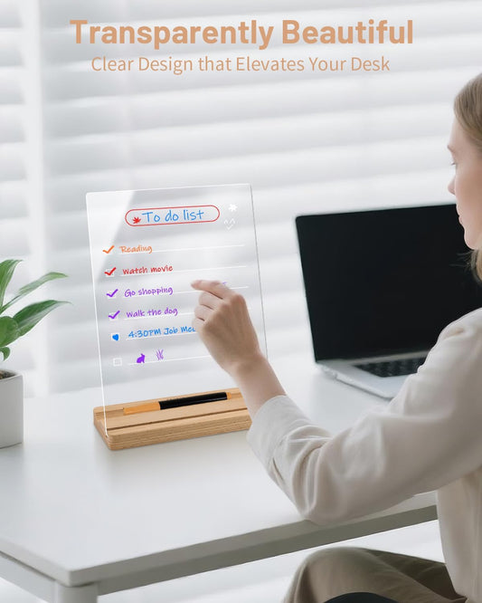 Clear Acrylic Dry Erase Board with Wood Stand – 9x12 Desktop Whiteboard for Writing, Drawing & Planning – Includes 6 Liquid Chalk Markers – Transparent Message Board for Home, Office, School