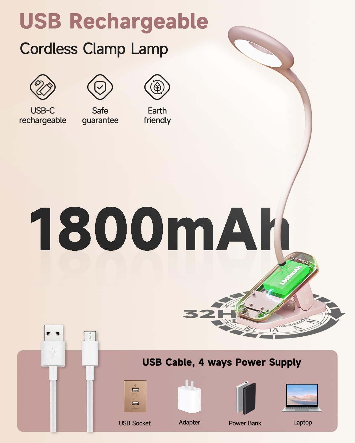 CUHIOY Rechargeable Clip on Reading Light for Bed, Battery Desk Lamp, 5 Color 5 Brightness & Touch Control Headboard Lamp, Large Clamp Lamp with Flexible Neck, Eye Protect LED Bedside Light, Pink