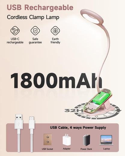 CUHIOY Rechargeable Clip on Reading Light for Bed, Battery Desk Lamp, 5 Color 5 Brightness & Touch Control Headboard Lamp, Large Clamp Lamp with Flexible Neck, Eye Protect LED Bedside Light, Pink