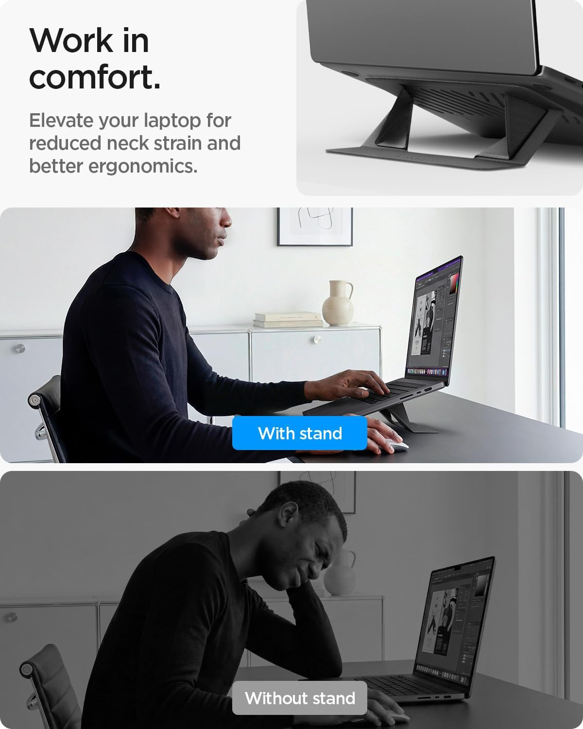 Spigen Slim Fold Portable Laptop Stand Keyboard Riser Foldable Ergonomic Angle Lift Anti-Slip Compatible with MacBook Neo, MacBook Air, MacBook Pro 11"-16" and iPad/Air/Pro and More - Black (LD201-S4)
