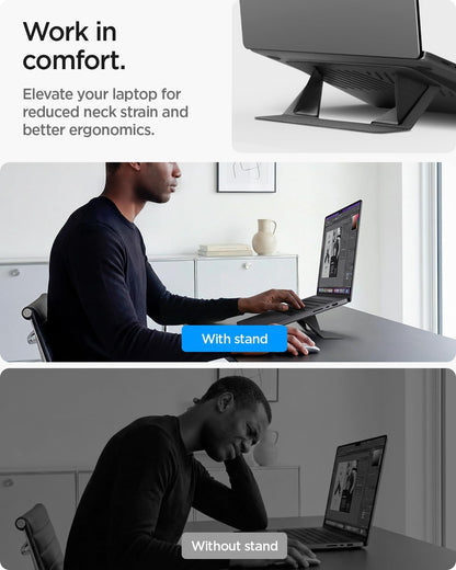 Spigen Slim Fold Portable Laptop Stand Keyboard Riser Foldable Ergonomic Angle Lift Anti-Slip Compatible with MacBook Neo, MacBook Air, MacBook Pro 11"-16" and iPad/Air/Pro and More - Black (LD201-S4)