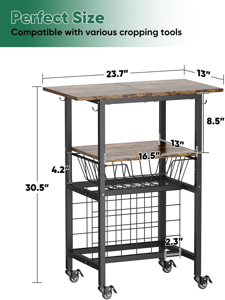 Queension Craft Cart with Wheels for Cricut Machines, Craft Organization and Storage Stand with Basket, Cutting Machine Stand for Cricut Accessories, Vinyl Roll Organizer, Black