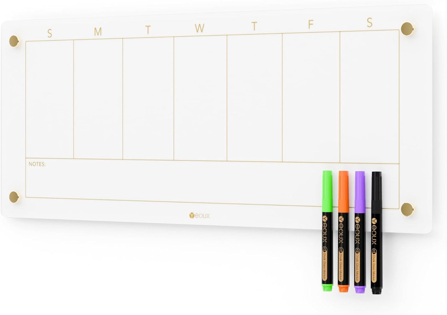 Glass Golden Weekly Dry Erase Calendar & Menu Whiteboard for Wall, Meal Planning & Grocery Shopping List White Board for Kitchen, 15x11, 7 Days Planner for Home, 4 Wet Erase Markers Included, Yeoux*
