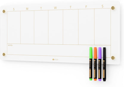 Glass Golden Weekly Dry Erase Calendar & Menu Whiteboard for Wall, Meal Planning & Grocery Shopping List White Board for Kitchen, 15x11, 7 Days Planner for Home, 4 Wet Erase Markers Included, Yeoux*