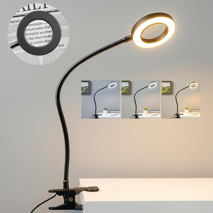 Desk lamp Eye-Caring Table Lamps, 360°Rotation Gooseneck Clip on Lamp Reading Light Portable Reading Book Light Clamp Study Desk Lamps for Bedroom and Office Home Lighting (Black)