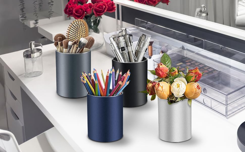RQB Metal Pen Holder for Desk Square Aluminum Desktop Organizer and Makeup Brush Holder Storage Box for Office, School, Home, and Kids, Non-slip silicone 4×3.15inch-Gray