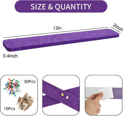 Vuzvuv 8 pcs Bulletin Board Bar Strips with 50 Pushpins & 10 Wooden Clip pins，Self Adhesive Cork Board for Wall，Felt Pin Board for School，Office Decor（Black White Grey）