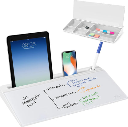 Vivo Glass 16 x 7 inch Dry Erase Board with Storage, Desktop Whiteboard Organizer with Hidden Compartments and Device Slot, Black, DESK-WB16B