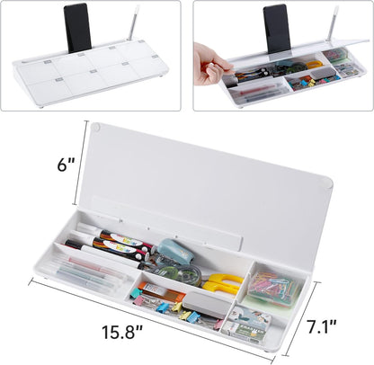 TSJ OFFICE Small Desktop Whiteboard -Glass Dry Erase Board Computer Keyboard Stand White Board Surface Pad with Drawer, Desk Organizers with Accessories for Office, Home, School Supplies - White