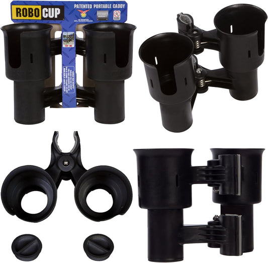 ROBOCUP, (White), Patented Clamp On Boat Cup Holder |Multifunction Dual Drink Caddy for Fishing Poles, Tools, Net, Gaff |Portable Storage for Boating, Beach, Umbrellas, Golf Carts, Strollers