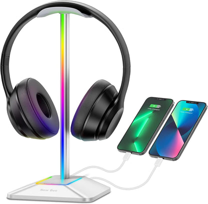 New Bee Headphone Stand with RGB Lighting, Sturdy Aluminum Gaming Headset Holder with USB-C & USB Charging Ports, Stable Desktop Earphone Stand for All Headphones Size, Black