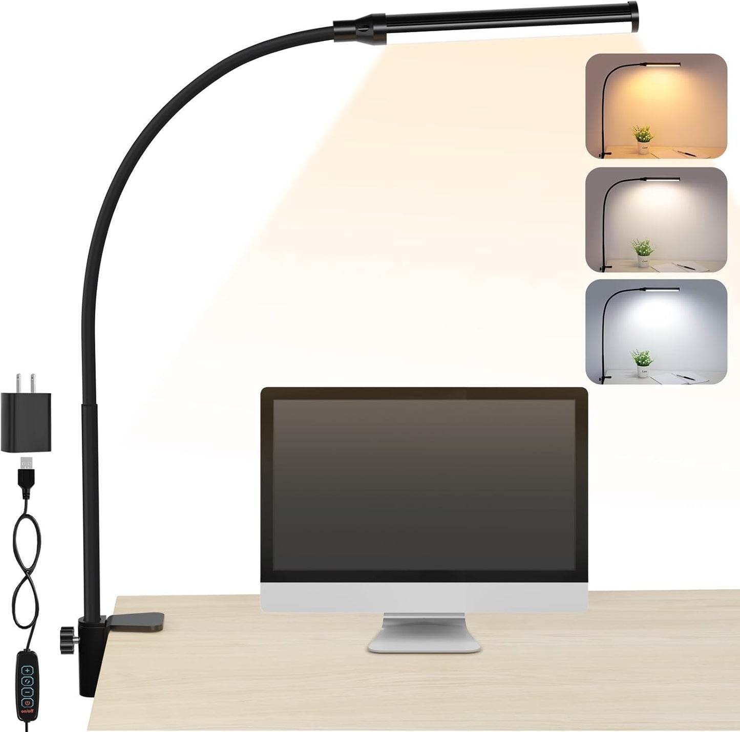 ShineTech LED Desk Lamp with Clamp, Eye-Caring Clip on Desk Light with 3 Color Modes & Stepless Dimming, 360° Flexible Gooseneck Desk Lamp for Home Office College Dorm with USB Adapter