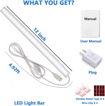 JUSJUBR 12-Inch Slim LED Under Cabinet Light with Memory Function, Warm White 3000K Dimmable USB Light Bar for Rooms