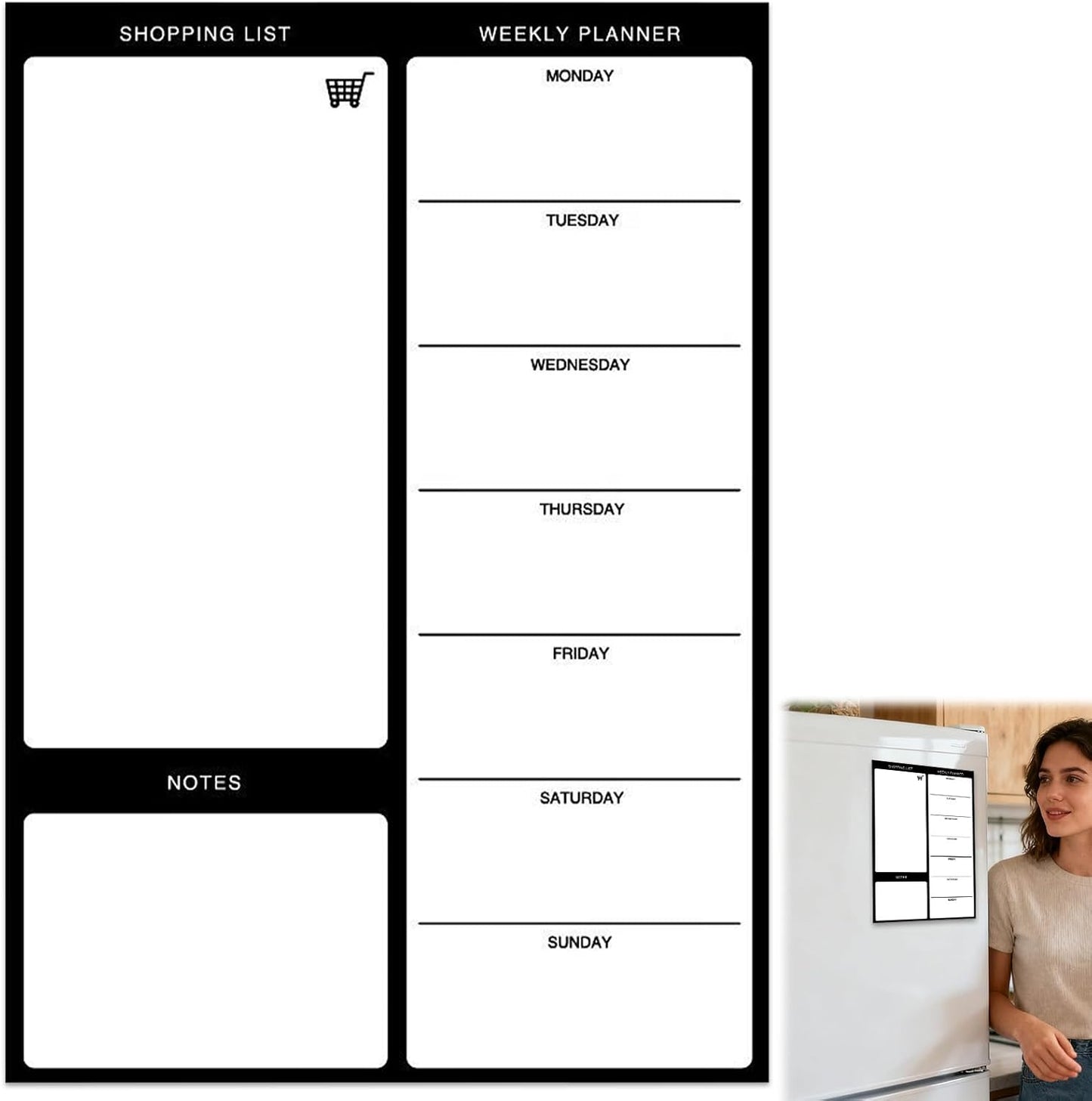 Magnetic Weekly Meal Planner for Refrigerator, 8x12'' Dry Erase Menu Board, Stain Resistant Whiteboard, Strong Magnetic Backing, Ideal for Families, Students, Roommates, Notes, Grocery Lists (A)