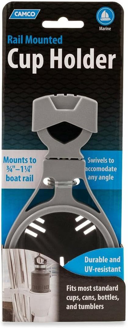 Camco Large Clamp Mounted Cup Holder-Provides a Secure Location for Your Beverage-Mountable for Up to 2-Inch Rail-White (53083)