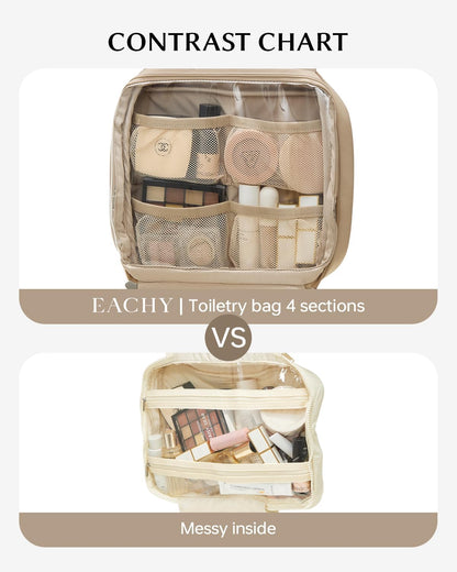 EACHY Toiletry Bag with Hanging Hook, Travel Makeup Bag PU Leather Cosmetic Bags for Women Make Up Organizer with 4 Compartments Waterproof Full-Size Portable Travel Essentials (Beige)