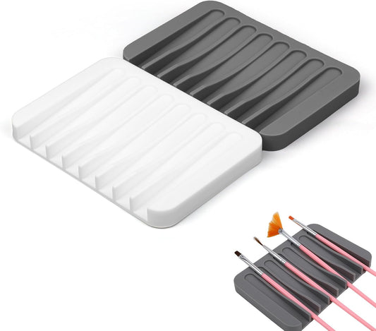 Penitue 2pcs Paint Brush Holder, Silicone Washable Paintbrush Organizer Stand with 8 Slots Brush Rinse Cleaner for Oil Acrylic Watercolor Painting (Gray, White)