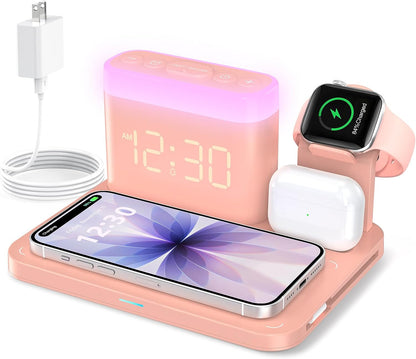 ANJANK Wireless Charging Station,5 in 1 Multiple Charger Stand with Alarm Clock,7 Night Light,Magnetic Charging Dock for iPhone 17 16 15 14 13 12 Pro Max Plus,Apple Watch 11/10/9/8,for Airpods,Bedroom