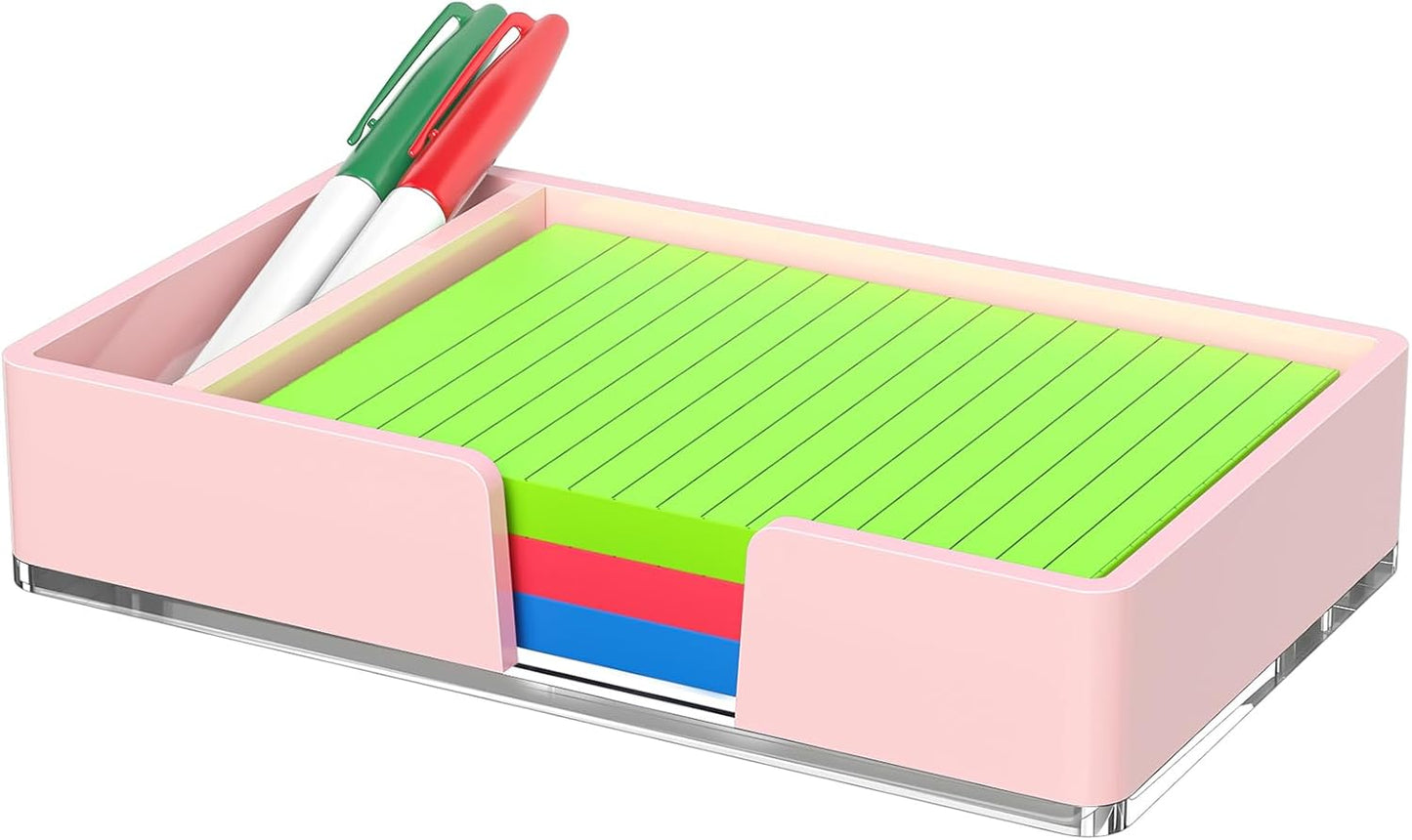 Sticky Note Holder, Glitter Pink Acrylic Notepad Holder 3x3 in Self-Stick Note Dispenser Office Desk Accessories, Memo Pad Holder Organizer for Classroom School Supplies