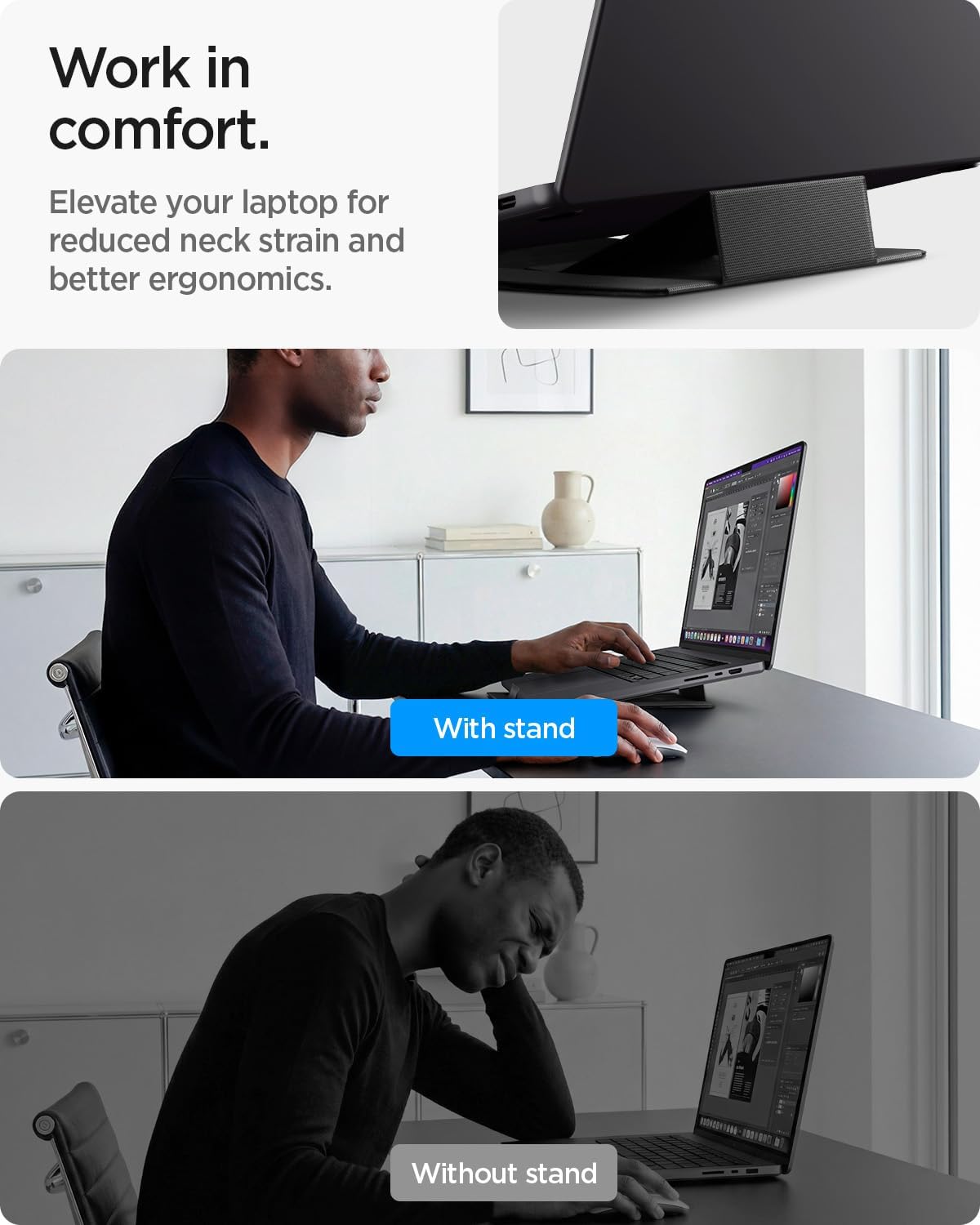 Spigen Slim Fold Portable Laptop Stand Keyboard Riser Foldable Ergonomic Angle Lift Anti-Slip Compatible with MacBook Neo, MacBook Air, MacBook Pro 11"-16" and iPad/Air/Pro and More - Black (LD201-S4)