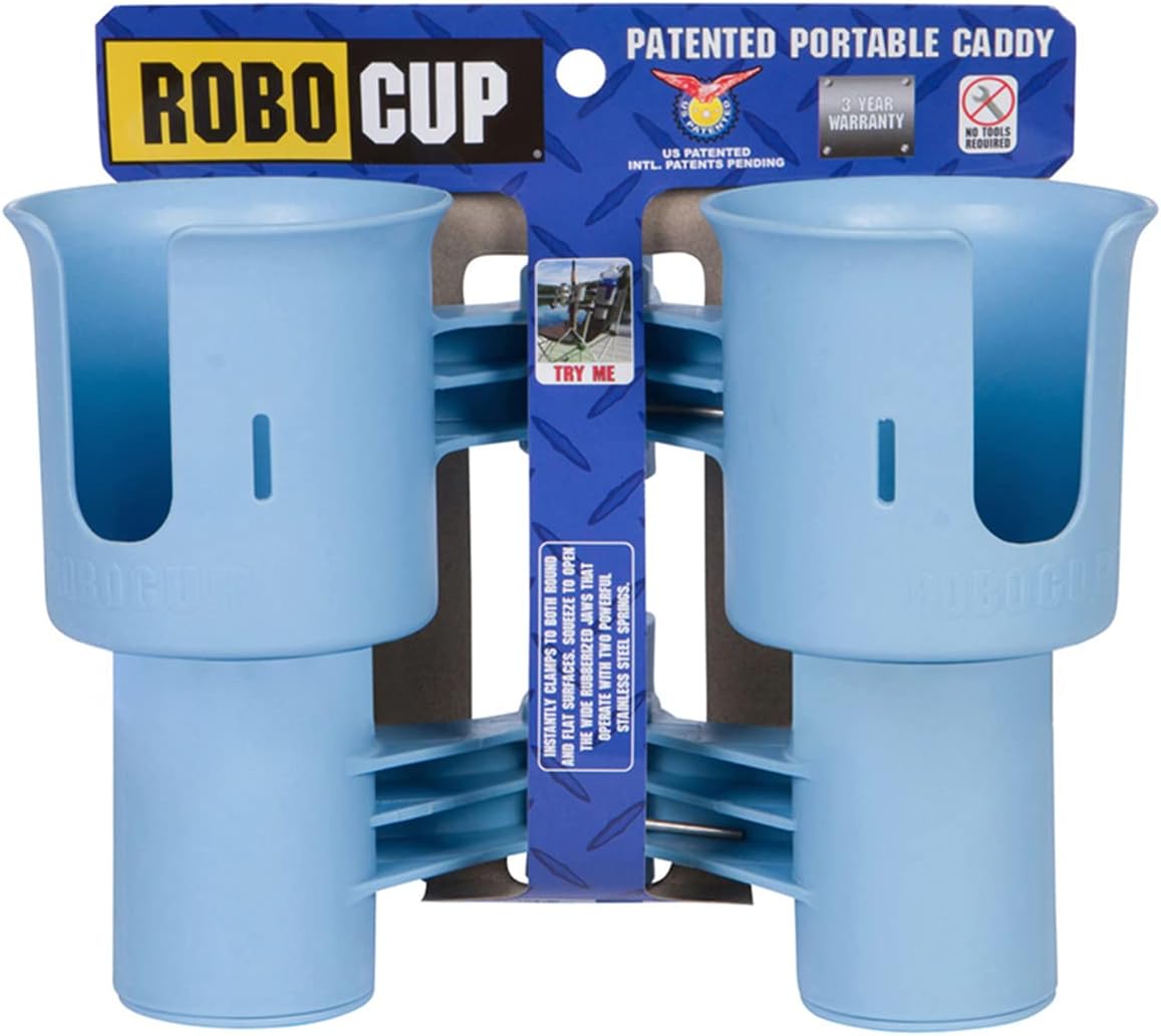 ROBOCUP, (White), Patented Clamp On Boat Cup Holder |Multifunction Dual Drink Caddy for Fishing Poles, Tools, Net, Gaff |Portable Storage for Boating, Beach, Umbrellas, Golf Carts, Strollers