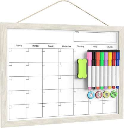 Calendar Whiteboard for Wall, TANKEE 17x13 Inches Whiteboard Calendar Cork Board Combo, Small Magnetic White Board with Wood Framed, Hanging Dry Erase Board for Kitchen Home Office School Planner