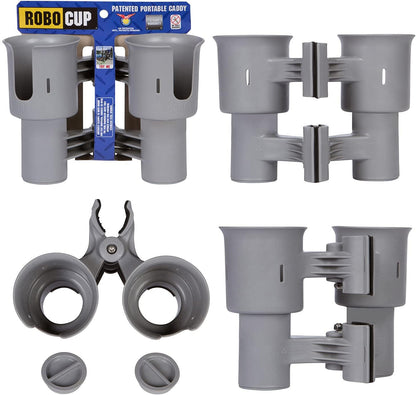 ROBOCUP, (White), Patented Clamp On Boat Cup Holder |Multifunction Dual Drink Caddy for Fishing Poles, Tools, Net, Gaff |Portable Storage for Boating, Beach, Umbrellas, Golf Carts, Strollers
