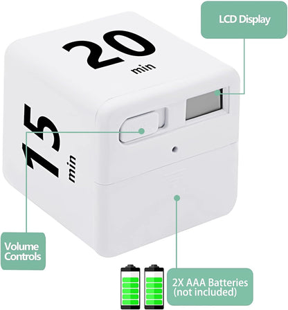 Cube Timer, Time Management and Countdown Settings with Gravity Sensor Flip Timer for Studying, Cooking, Reading, Exercise (15-20-30-60 Minutes) White