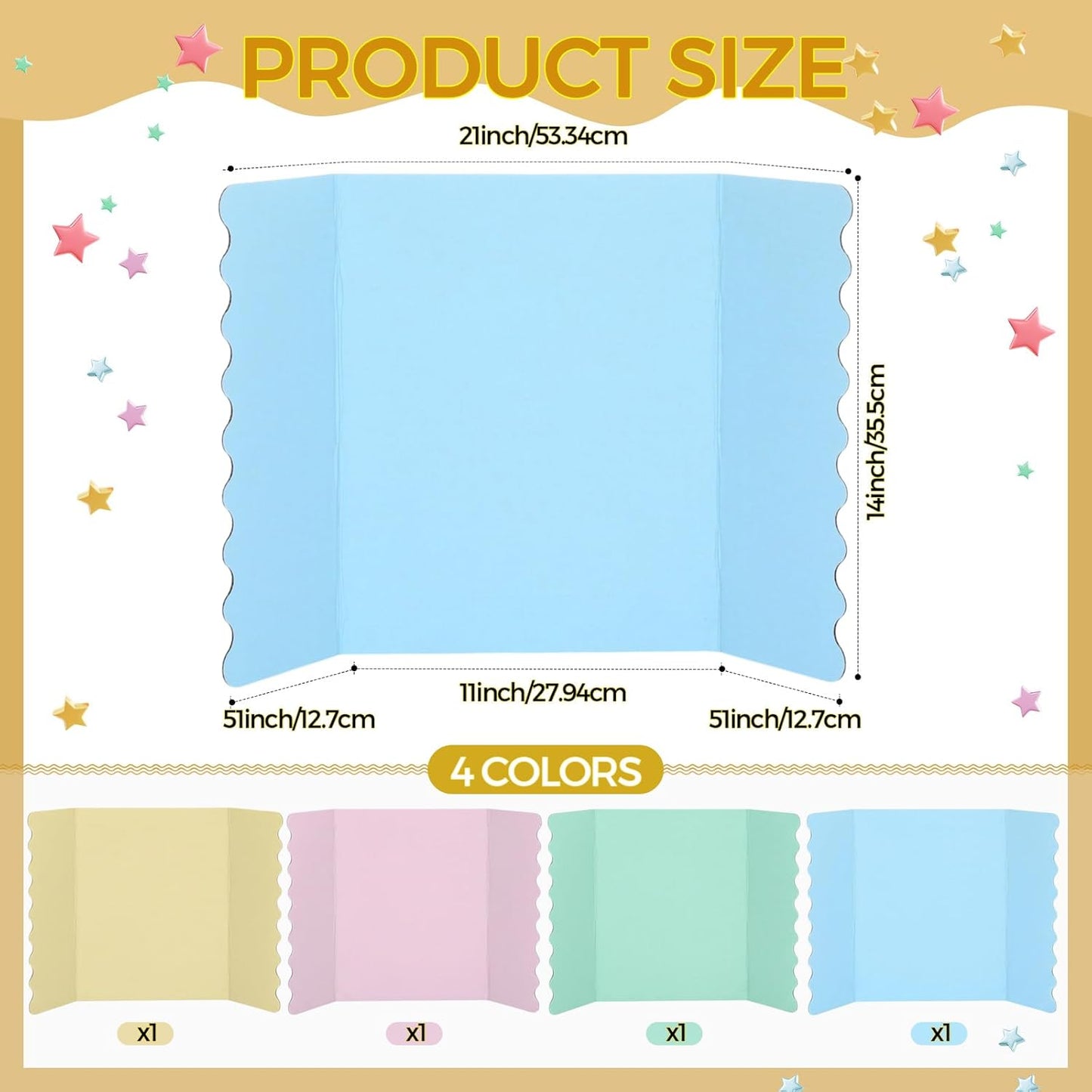 Mooliwe 4 Pack 24" X 16" Trifold Poster Board, Medium Tri Fold Boards Foldable Corrugated Presentation Display Scalloped Borders for Science Fair Events, School Projects, Exhibitions (Macaron)