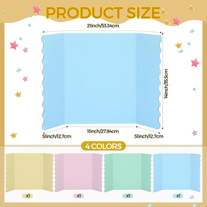 Mooliwe 4 Pack 24" X 16" Trifold Poster Board, Medium Tri Fold Boards Foldable Corrugated Presentation Display Scalloped Borders for Science Fair Events, School Projects, Exhibitions (Macaron)