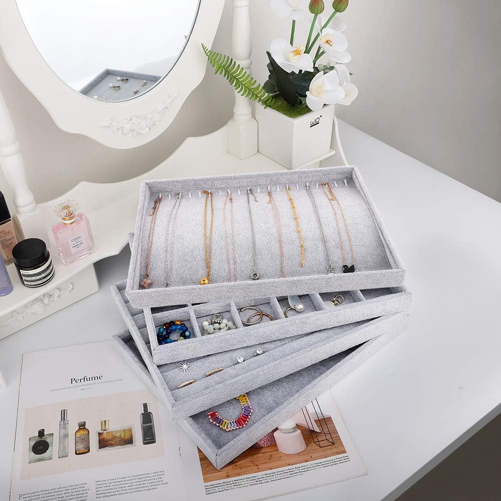 Emibele Glasses Organizer Jewelry Tray, 8 Grids with Clear Lid Velvet Tray Watch Storage Stackable Jewelry Showcase Display Storage with Detachable Inner Dividers, Beige